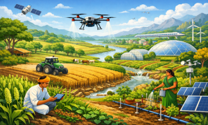 Climate Resilient Agriculture, Climate Smart Agriculture, Indian Agriculture, Agriculture and Climate Change, Extreme Weather India, Rainfed Agriculture, Food Security India, Agri Stack, BioE3 Policy, Natural Farming India, PM Fasal Bima Yojana, Mission Mausam, NICRA, Digital Agriculture, Carbon Farming, Millets Promotion, Water Energy Food Nexus, Economy UPSC, Environment UPSC, Prelims Bytes, UPSC 2026